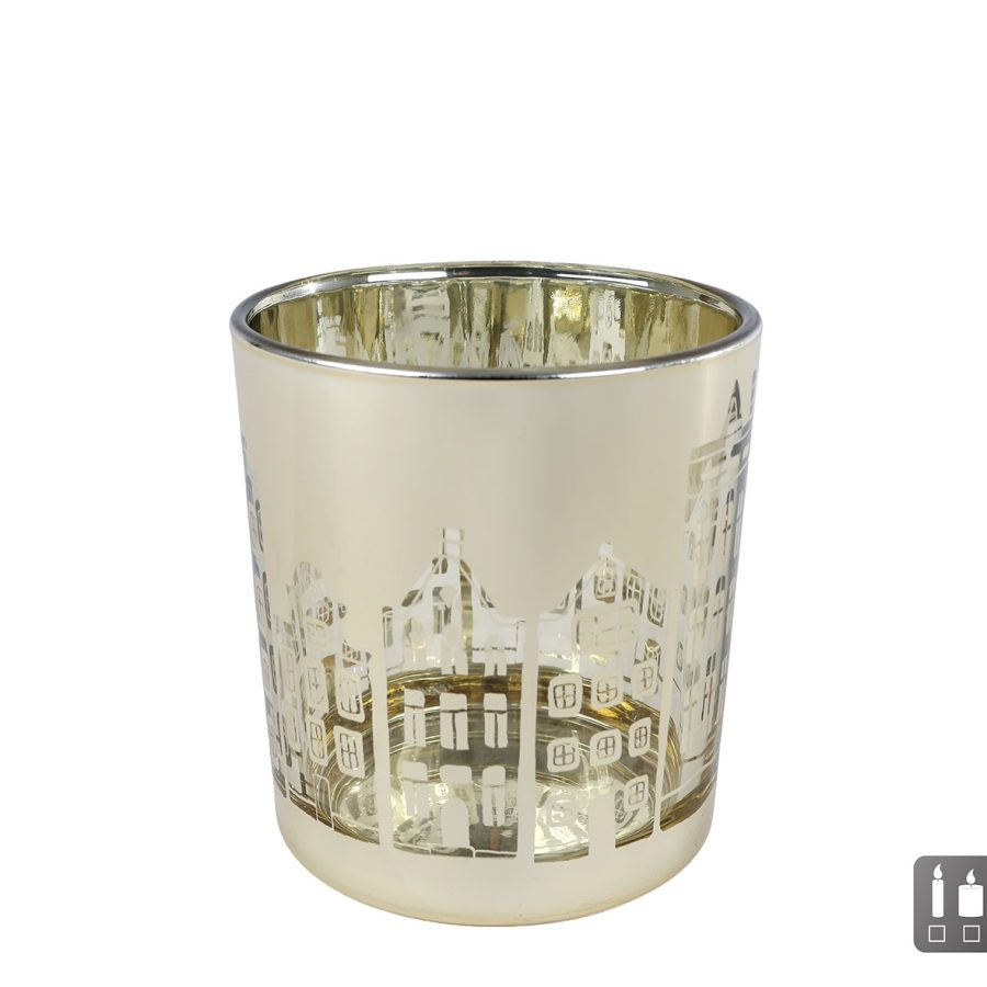Theelichthouder goudkleurig met huisjes motief