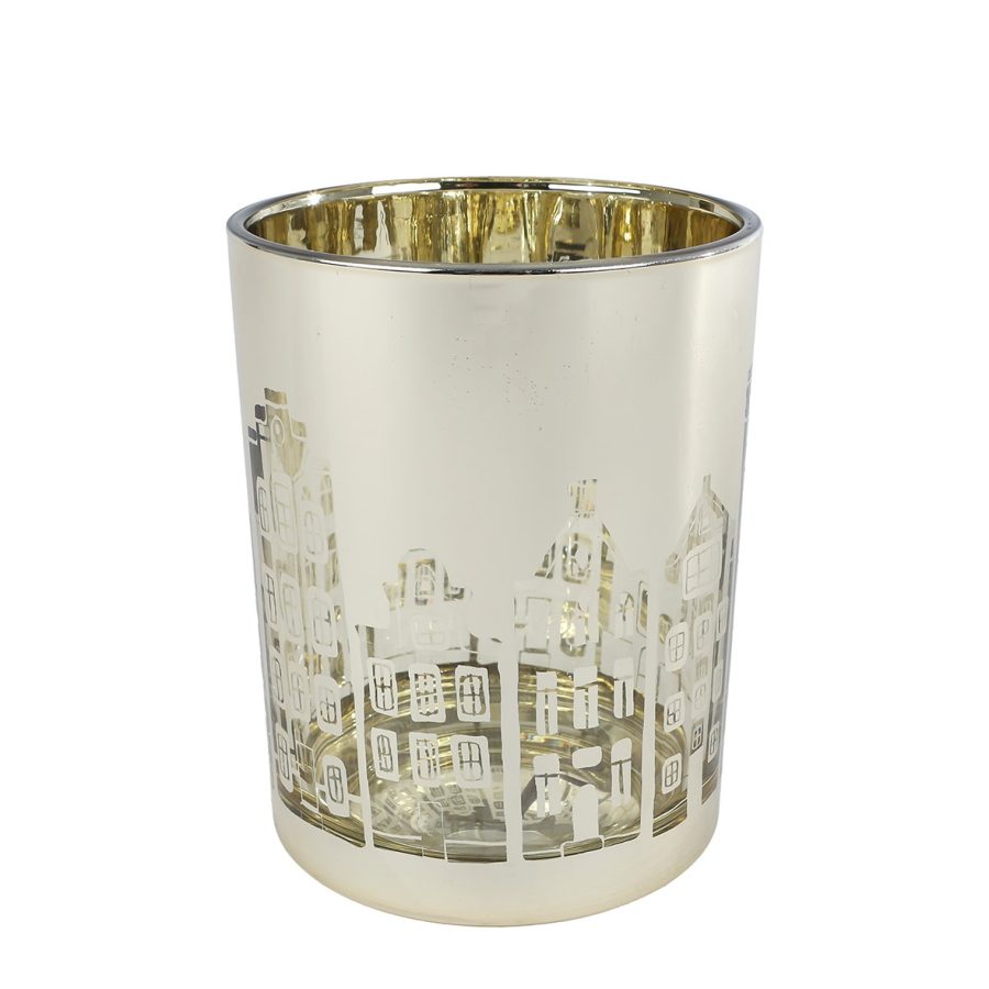 Theelichthouder goudkleurig M met huisjes motief