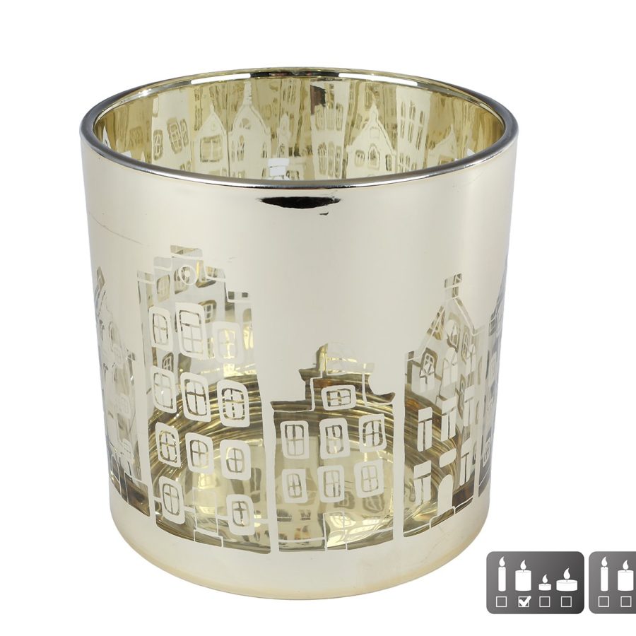 Theelichthouder goudkleurig XL met huisjes motief
