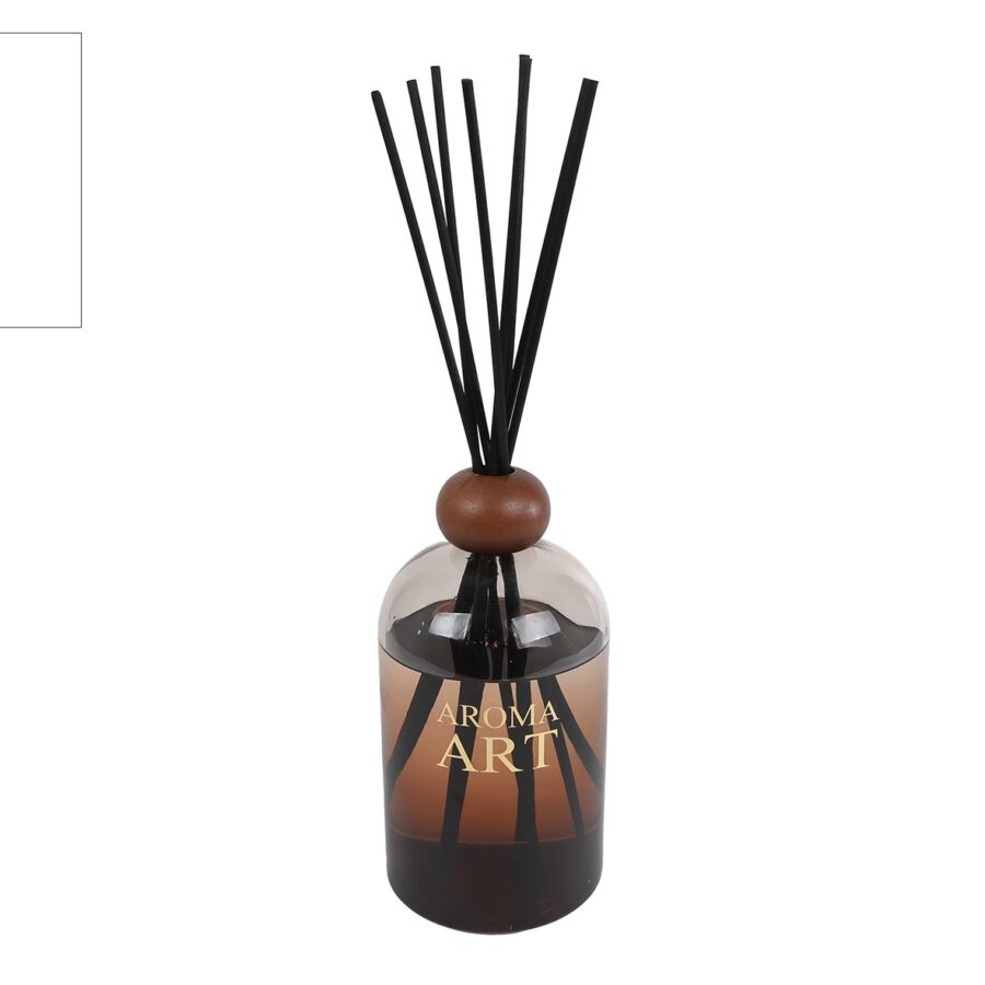 Grote 800ml diffuser Cinnamon Bergamot in een zware glazen fles met zwarte fiber stokjes.