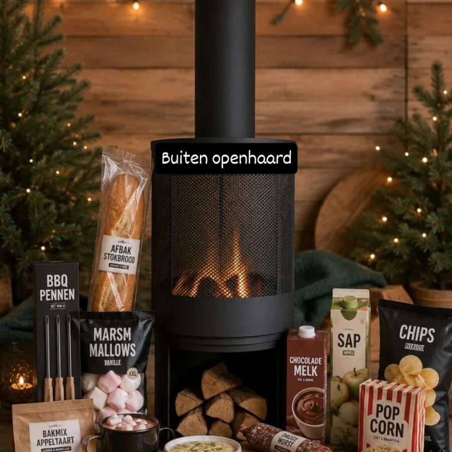 Origineel kerstpakket als sfeerhaard of buitenhaard gevuld met heerlijke producten